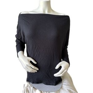Elan Womens Black Ribbed Knit Off Shoulder 3/4 Sleeve Top XL‎